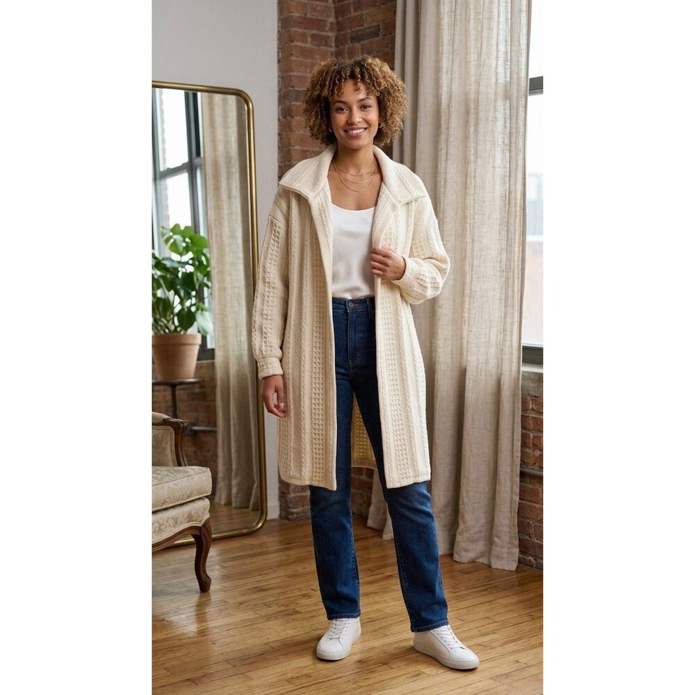 Vintage Weave of the Irish 100% Wool Cable Knit Coat Ivory Ireland Lined L XL